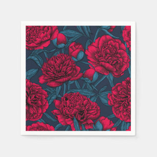 Serviette En Papier Jardin de pivoine rouge sur bleu foncé