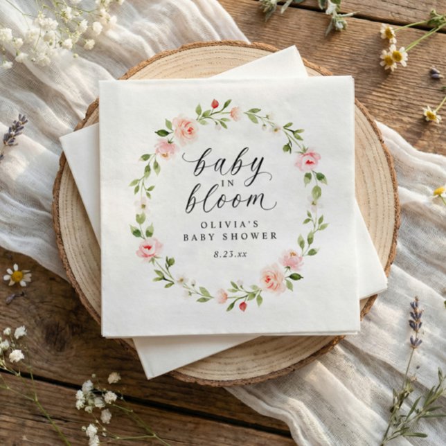 Serviette En Papier Jardin fleuri aquarelle rose en fleurs Baby Shower (Baby in bloom baby shower cocktail napkins with pink watercolor flowers)