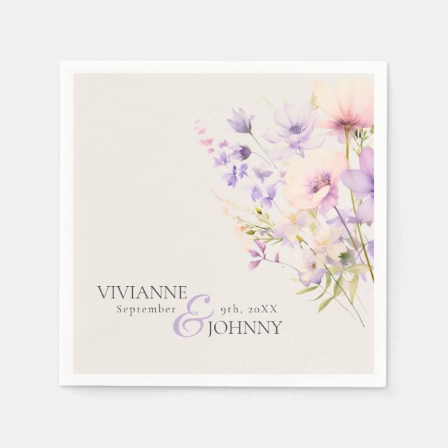 Serviette En Papier Jardin Fleurs sauvages Beige Lavande violet Mariag (Devant)