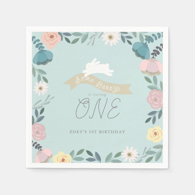 Serviette En Papier Jardin Floral Bunny 1er Anniversaire Bleu (Devant)