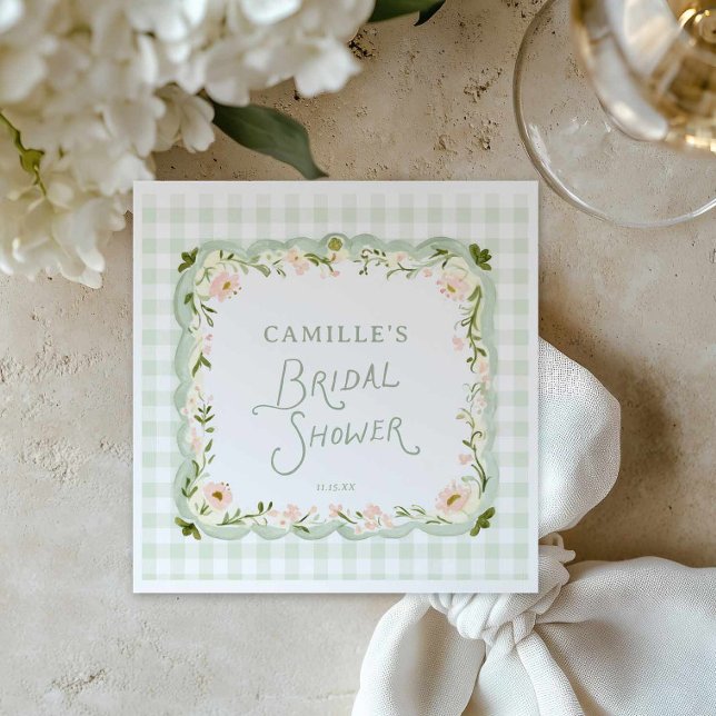 Serviette En Papier Jardin Floral Gingham Shower de Mariage (Botanical Green Gingham Party Napkins)