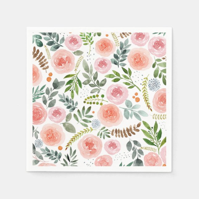 Serviette En Papier Jardin - Motif de rose et de feuille d'aquarelle  (Devant)