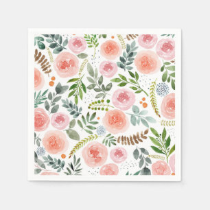 Serviette En Papier Jardin - Rose aquarelle et Motif feuille
