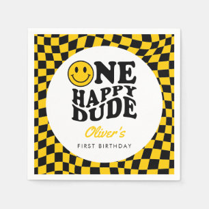 Serviette En Papier Jaune À damiers Sourire Visage 1er anniversaire Pe