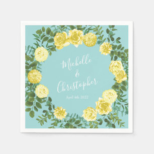 Serviette En Papier Jaune clair et Aqua Rose Turquoise Mariage Floral