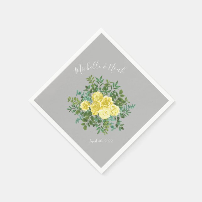 Serviette En Papier Jaune clair et gris pivoine et Rose Mariage floral (Coin)
