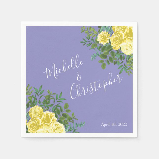 Serviette En Papier Jaune clair et périphérique Rose bleu Mariage flor (Devant)