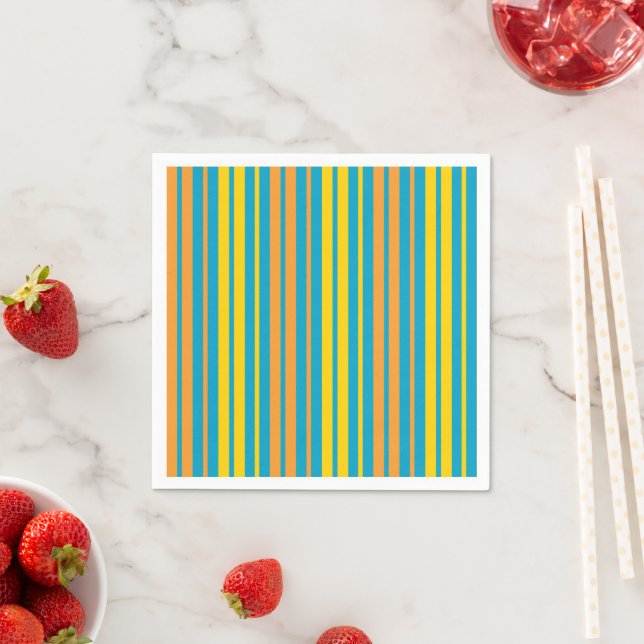 Serviette En Papier Jaune et bandes verticales orange bleu   (En situation)