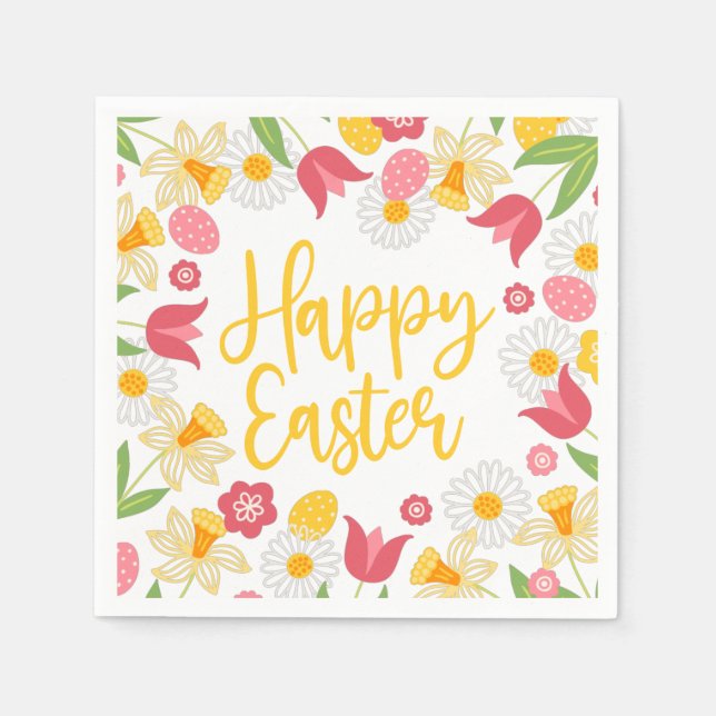 Serviette En Papier Jaune Floral de printemps Pâques Rouge (Devant)