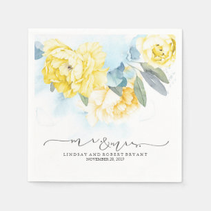 Serviette En Papier Jaune Floral Dusty bleu Mariage d'aquarelle