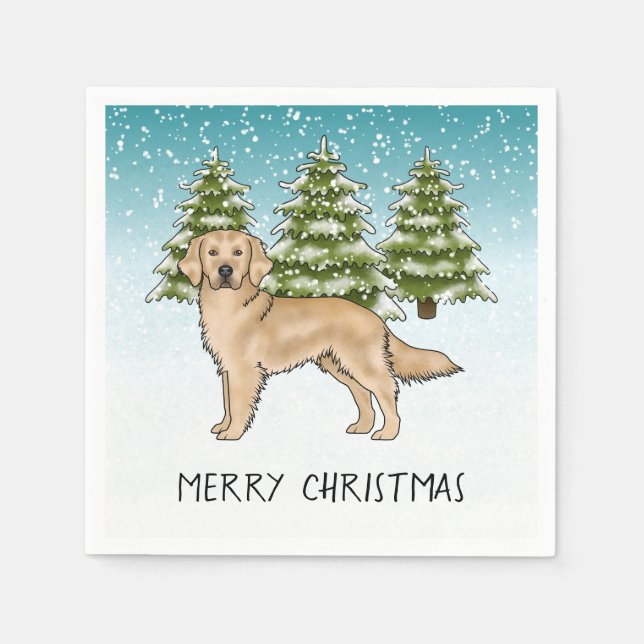 Serviette En Papier Jaune Golden Retriers Bleu hiver Noël (Devant)