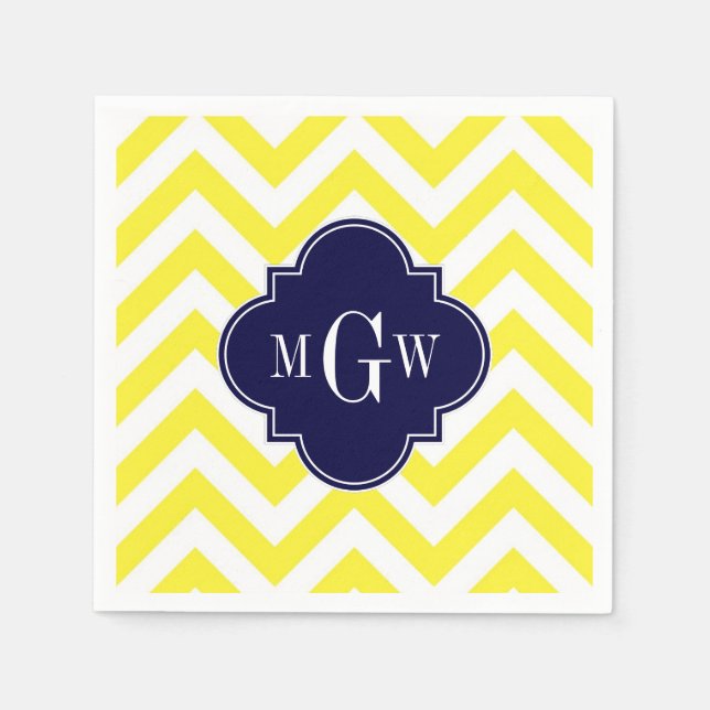 Serviette En Papier Jaune Lg Chevron Navy Quatrefoil 3 Monogramme (Devant)
