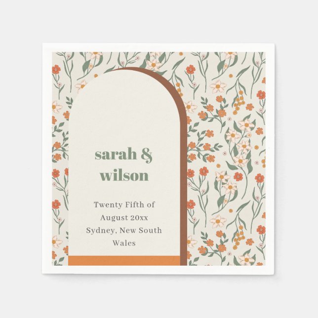Serviette En Papier Jaune Orange Super Arc Retro Mariage Floral (Devant)