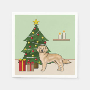 Serviette En Papier Jaune Retriever doré et arbre de Noël festif