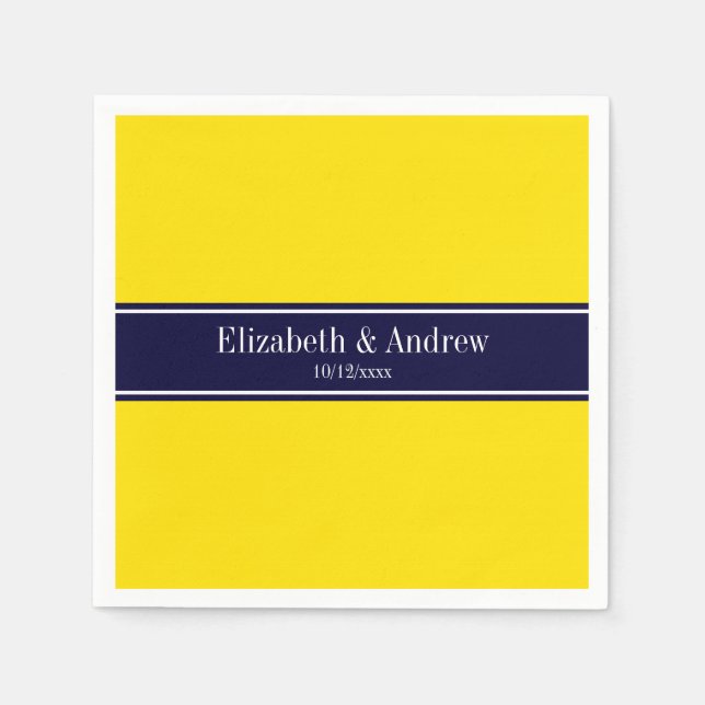 Serviette En Papier Jaune Uni, Ruban Bleu Marine Monogramme Nom (Devant)