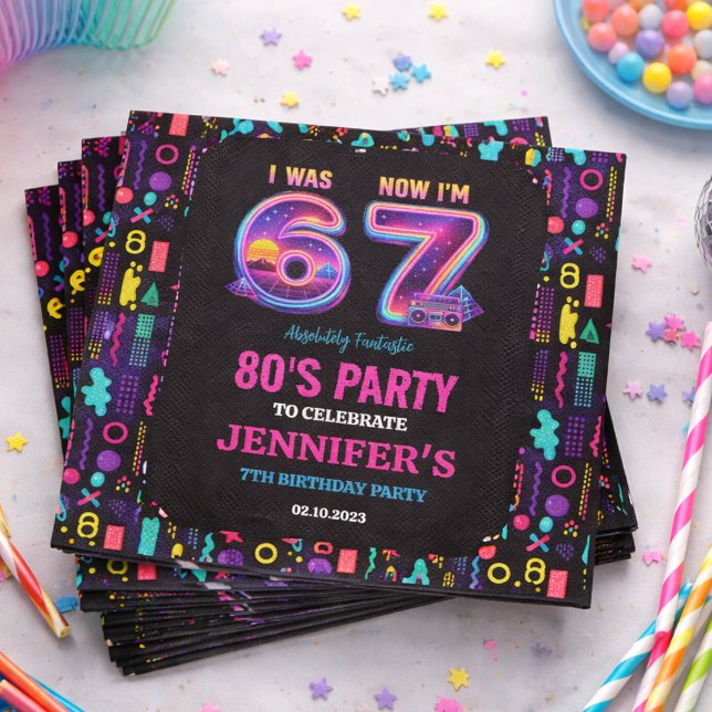 Serviette En Papier J'avais 6 ans maintenant j'ai 7 ans Neon Rétro 7èm (I Was 6 Now I’m 7 Retro Neon 7th Birthday for Kids Napkins)