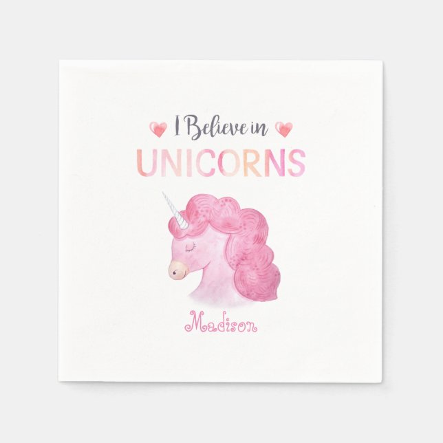 Serviette En Papier Je crois en Unicorns Pink Nom Birthday Girly (Devant)