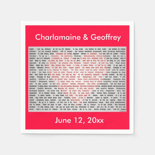 Serviette En Papier Je t'aime dans 100 langues Rouge Coeur papier serv (Devant)