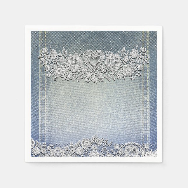 Serviette En Papier Jean Bleu et Dentelle Blanche à Cœur pour une Mari (Devant)