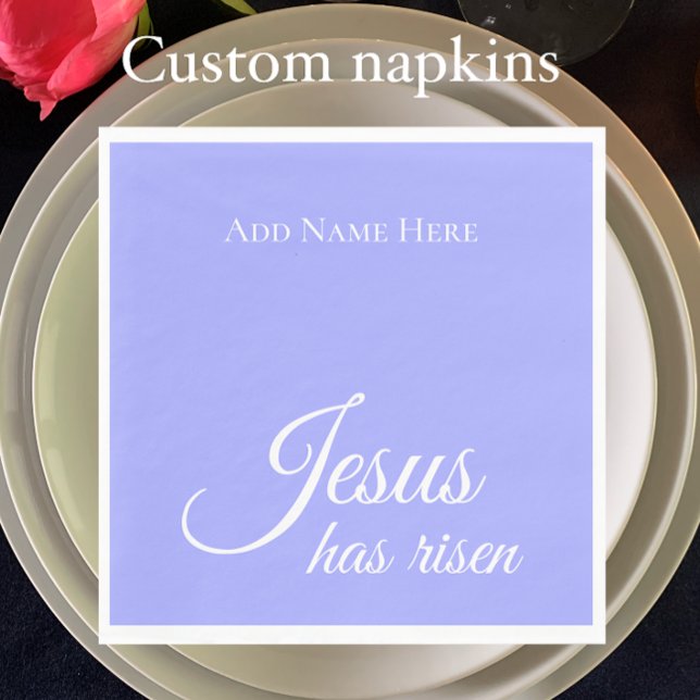 Serviette En Papier Jésus Est Devenu Personnalisé Purple Chrétien Pâqu (Add your custom text to personalize these purple blue bell Jesus has risen Easter napkins.)