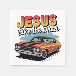 Serviette En Papier Jésus Prend le Volant Voiture Musclée Vintage
