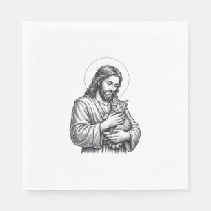 Serviette En Papier Jésus vintage tenant un chat gravure graphique_1