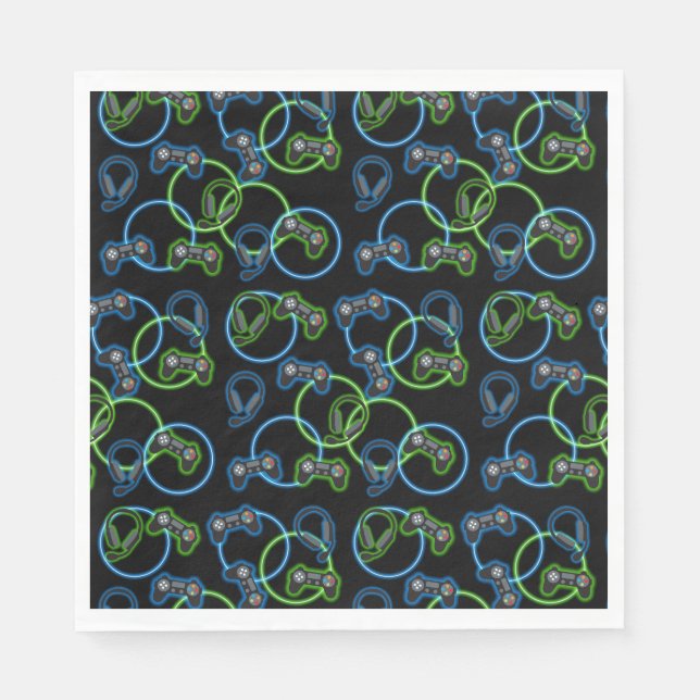 Serviette En Papier Jeu vidéo Neon Blue & Green Motif (Devant)
