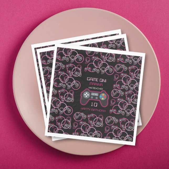 Serviette En Papier Jeu vidéo Neon Rose Girls Anniversaire (Video Game Neon Pink Girls Birthday Party Napkins)