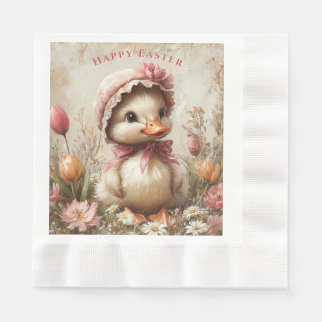 Serviette En Papier Jeune caneton Pâques Rose Chapeau Tulipes Margueri (Devant)