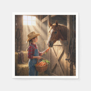 Serviette En Papier Jeune fille nourrissant un cheval avec des carotte