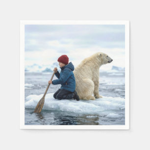 Serviette En Papier Jeune garçon sur la glace secourant un ours polair