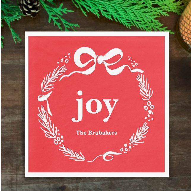 Serviette En Papier Joie Noël Arc Moderne Original Rouge (Joy. Personalize this red hand drawn Christmas napkin. Whimsical festive wreath with custom script.)