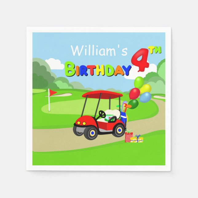 Serviette En Papier Joli 4e anniversaire Red Golf Cart Boy's (Devant)