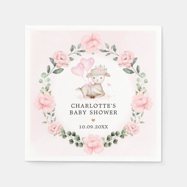 Serviette En Papier Joli agneau Bébé rose Baby shower floral Faveurs (Devant)