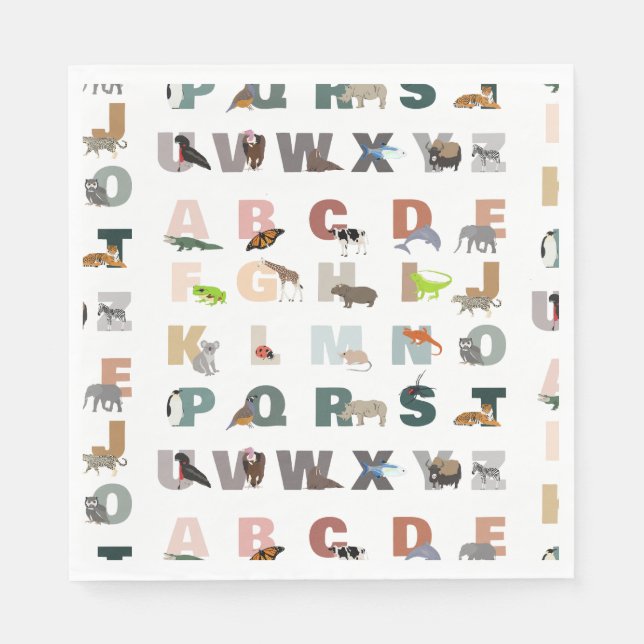 Serviette En Papier Joli Alphabet ABC Animaux (Devant)