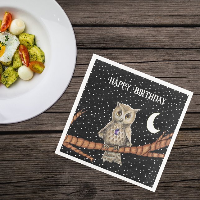 Serviette En Papier Joli Anniversaire Chouette Brown Purple Crystal Mo (Pretty Brown owl purple crystal necklace on branch moon stars on Black sky Birthday paper napkin.)