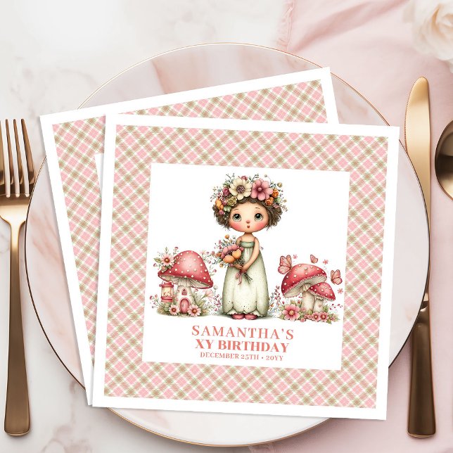 Serviette En Papier Joli Anniversaire Fée Rose Fleurs Personnalisé Nom (Cute Fairy Pink Floral Party Birthday Custom Name Napkins)
