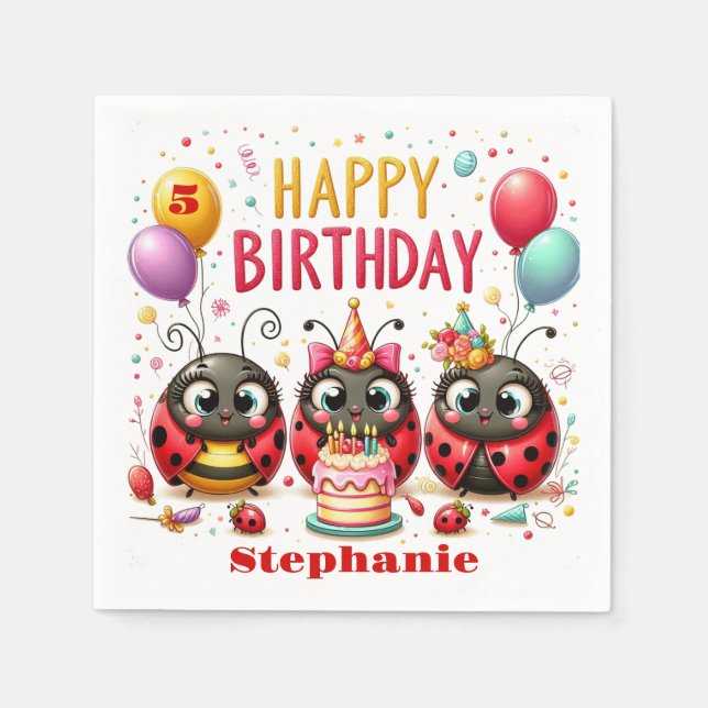Serviette En Papier Joli Anniversaire Ladybug Rouge Et Insecte Noire (Devant)