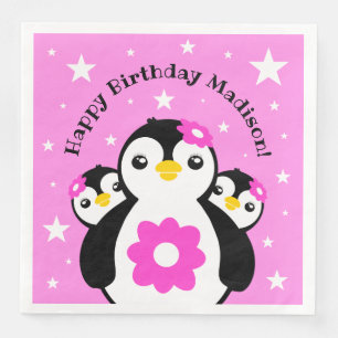 Serviette En Papier Joli Anniversaire Pingouins Fleurs Roses