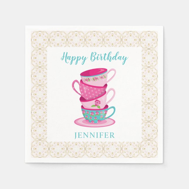 Serviette En Papier Joli Anniversaire Tea Party Coupes Whimsical Rose (Devant)