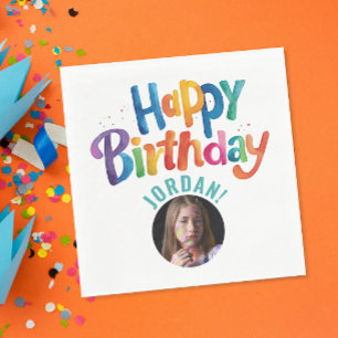 Serviette En Papier Joli Anniversaire Typographie Brosse Turquoise Col