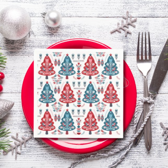 Serviette En Papier Joli arbre de Noël rouge et bleu Motif nordique (Créateur téléchargé)