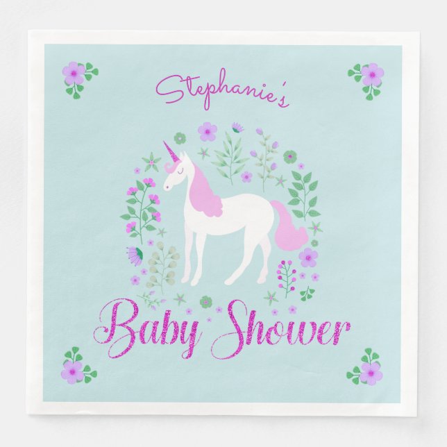 Serviette En Papier Joli Baby shower Aqua rose Unicorne Personnalisé (Devant)