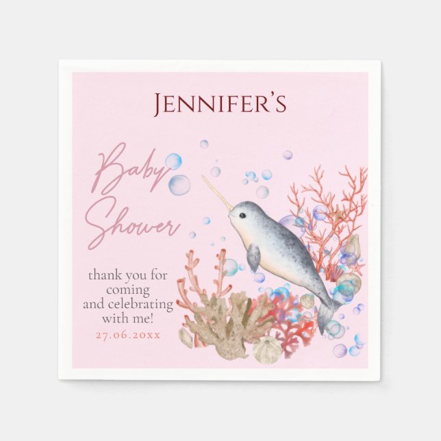 Serviette En Papier Joli Baby shower de coquillages Narwhal rocailleux (Devant)