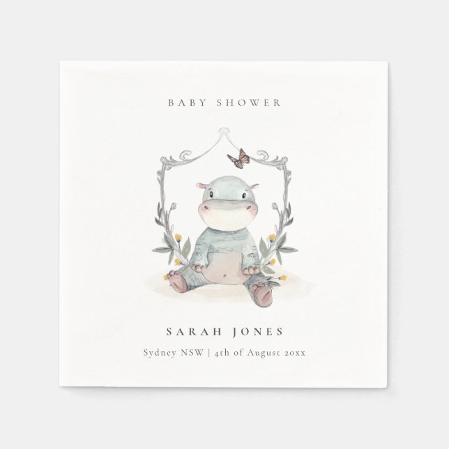 Serviette En Papier Joli Baby shower Jaune bébé Hippo Foliage (Devant)