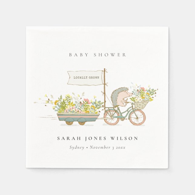 Serviette En Papier Joli Baby shower Vélo Hérisson Cultivé Localement  (Devant)