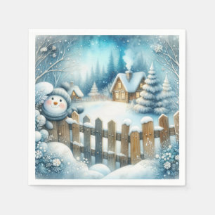Serviette En Papier Joli bonhomme de neige avec cottage de Noël