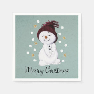 Serviette En Papier Joli Bonhomme de Neige Heureux Noël Bleu Hiver