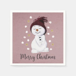 Serviette En Papier Joli Bonhomme de Neige Heureux Rose Noël Fête