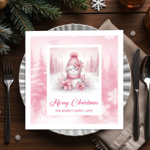 Serviette En Papier Joli Bonhomme de Neige Rose Scène Hivernale Aquare